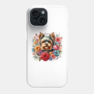 A yorkshire terrier with beautiful colorful flowers Phone Case