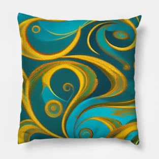 Abstract Turquoise and Gold Swirls Pillow