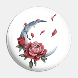 Romantic Half Crescent Moon with Roses and Leaves Pin