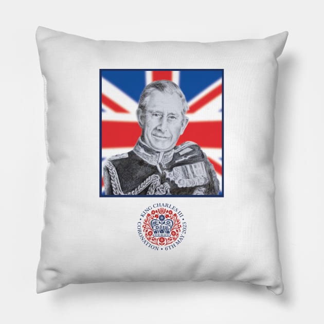 King Charles III Charcoal Portrait on Union Jack Pillow by BenitaJayne
