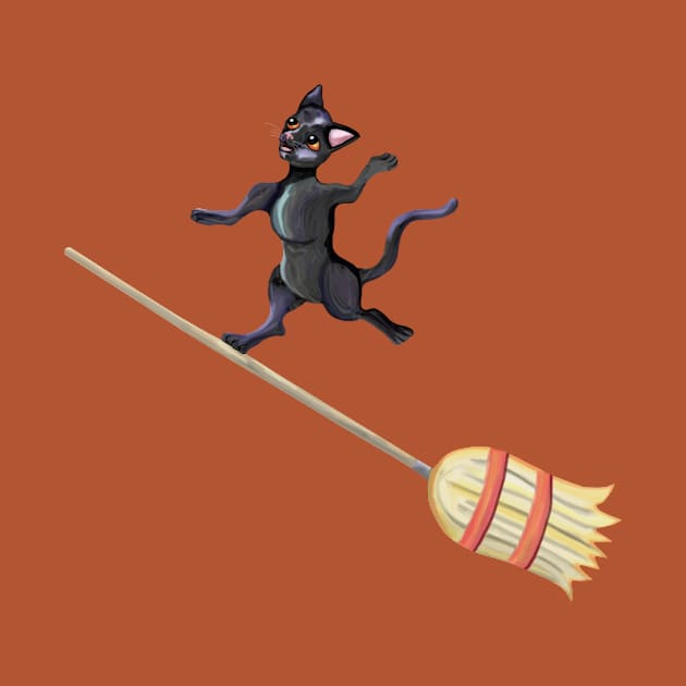 Broom Surfing Black Cat by Art by Deborah Camp