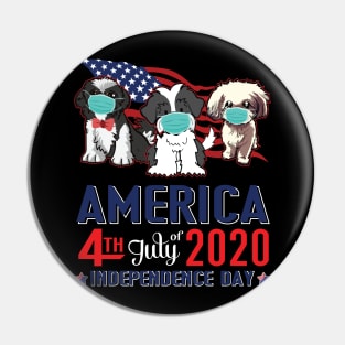 Shih Tzu Dogs With US Flag And Face Masks Happy America 4th July Of 2020 Independence Day Pin