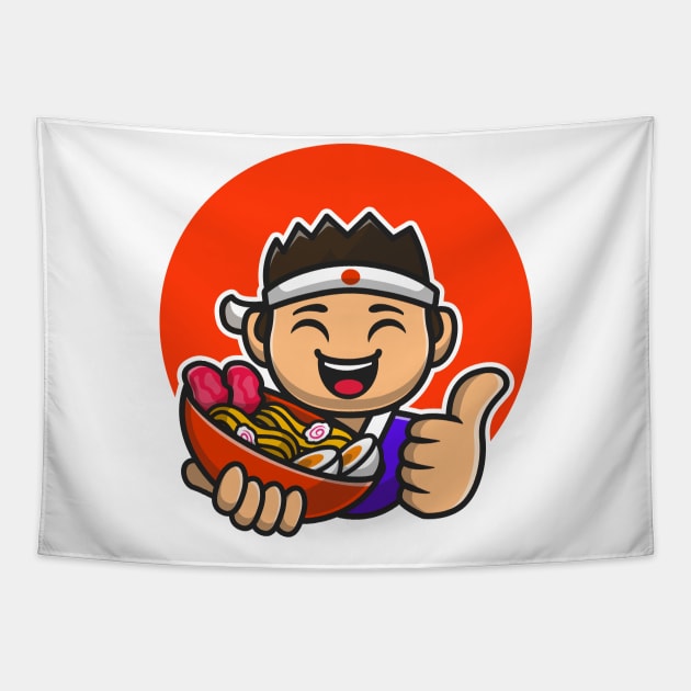 Happy Male Chef Holding Ramen Noodle Cartoon Tapestry by Catalyst Labs