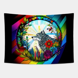 Colorful Wolf With Flowers Tapestry