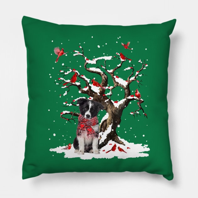 Border Collie Scarf Cardinal Snow Christmas Pillow by sueannharley12