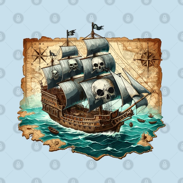 Pirate Ship, Sailing On A Treasure Map by Vehicles-Art