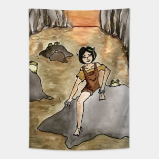 Goblincore Girl: Froggy Sunset Swamp Scene Tapestry