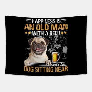 Happiness Is An Old Man With A Beer And A Pug Sitting Near Tapestry