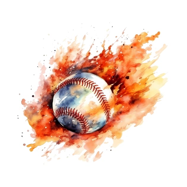 Flamming Baseball Watercolor by BisonPrintsCo