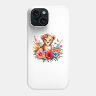 A baby lion decorated with beautiful colorful flowers. Phone Case