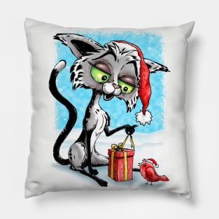 Happy Cat and Bird with Christmas Gift Pillow