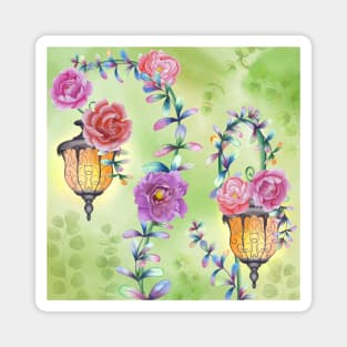 Vintage streetlights with peony flowers and colorful leaves ornament. Fairy spring garden watercolor illustration. Enchanted romantic scenery Magnet