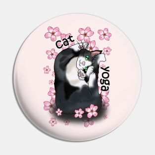 Cute cartoon black and white cat yoga pose in pink flowers Pin