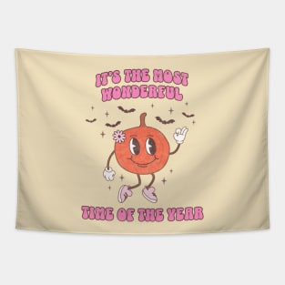 Retro Pink Halloween Jack O Lantern Pumpkin the Most Wonderful Time of the Year Tapestry