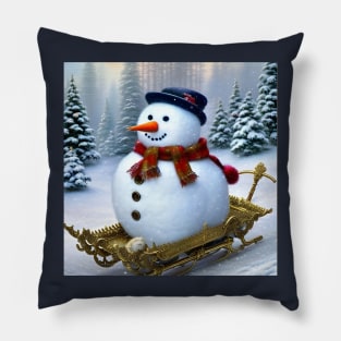 Cute Snowman Riding a Sledge Pillow