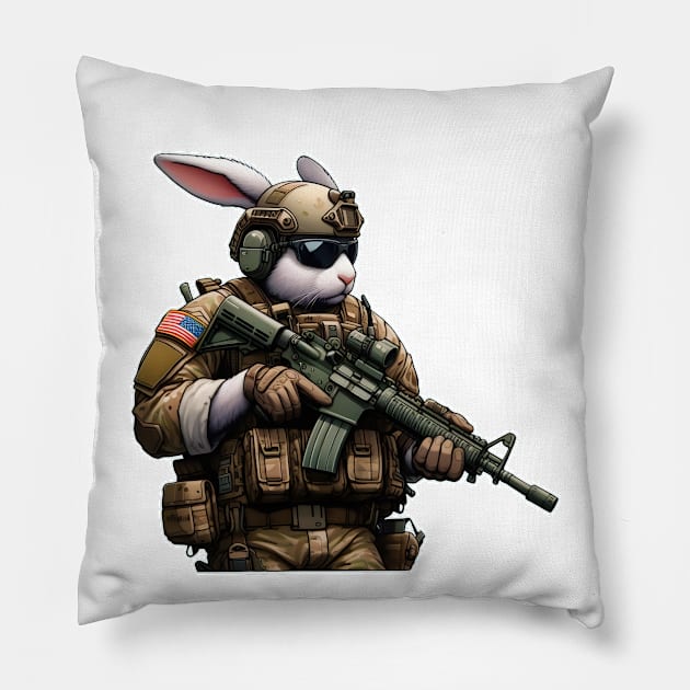 Tactical Rabbit Pillow by Rawlifegraphic