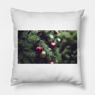 Red and Yellow Ornaments on a Christmas Tree Pillow