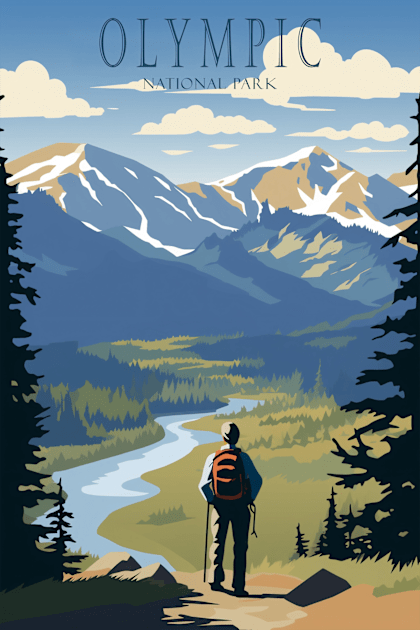 Olympic National Park Travel Poster Kids T-Shirt by GreenMary Design