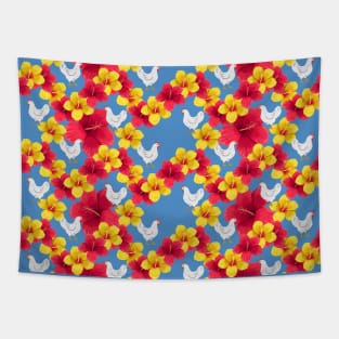 Hawaiian Flower Chickens on Blue Tapestry