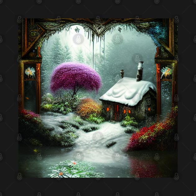 Sparkling Fantasy Cottage with Lights and Glitter Background in Snowy Scene, Scenery Nature by Promen Art