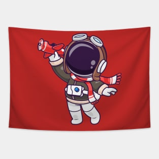 Cute Astronaut Pilot Playing Plane Toy Cartoon Tapestry