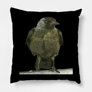 Black Hooded Crow Perched on A Balustrade Black Outline Art Pillow