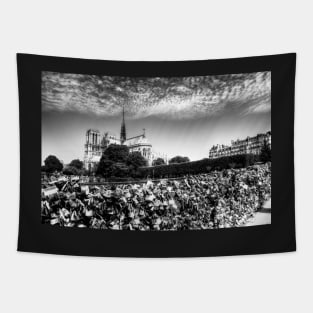 Notre Dame de Paris & Love Lock Bridge Black And White Tapestry