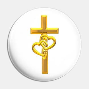 Golden 3-D look Cross with 2 Hearts Pin