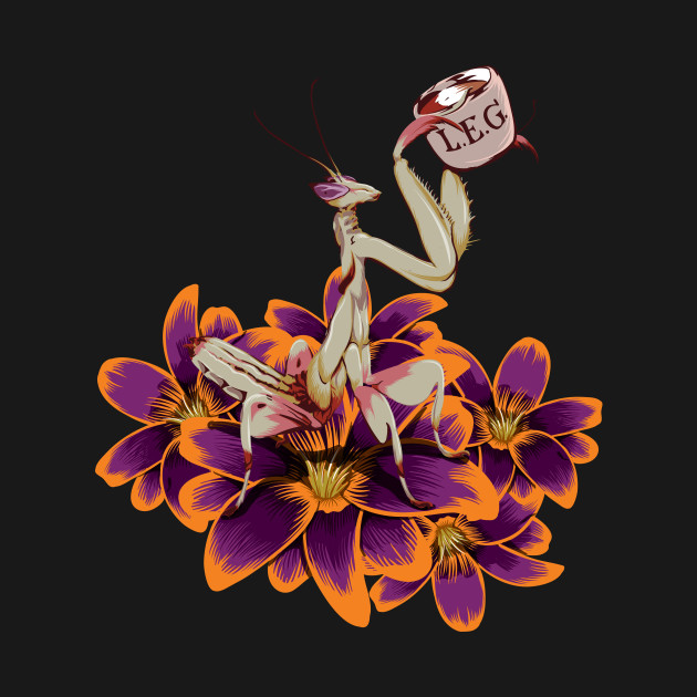 Discover Original White and purple Praying Mantis on orange and Purple Tulips sipping on some Tea. - Mantis - T-Shirt