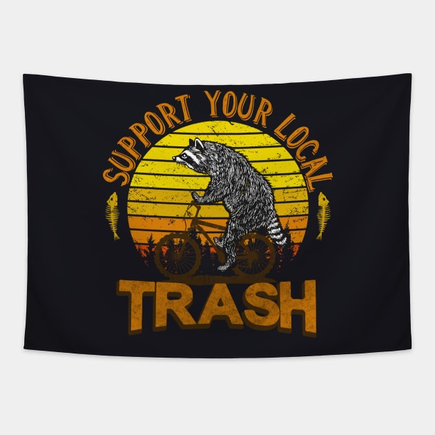 Funny retro Trash Racoon Bicycle Tapestry by Foxxy Merch