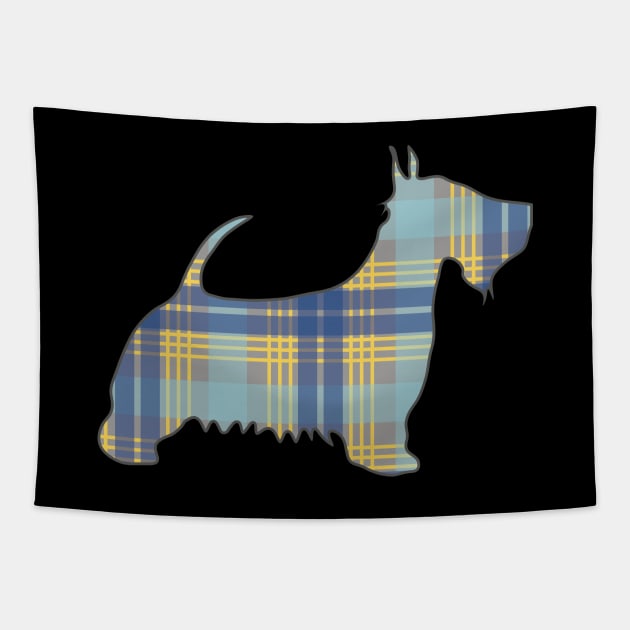 Blue, Grey and Yellow Tartan Scottish Terrier Dog Silhouette Tapestry by MacPean