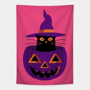 Witchy cat and pumpkin- purple Tapestry