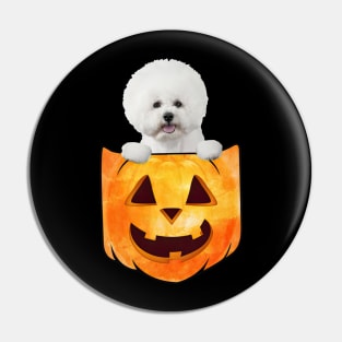 White Bichon Frise Dog In Pumpkin Pocket Halloween Pin