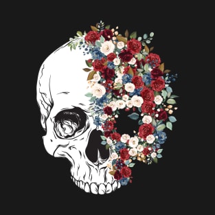 Burgundy Floral Human Skull T-Shirt