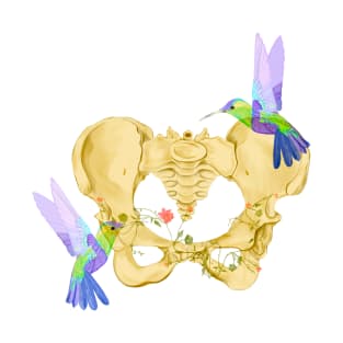 Skeleton pelvis with hummingbirds and flowers in watercolor T-Shirt