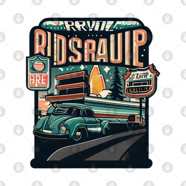 A graphic that captures the vintage vibe of a classic road trip, complete with iconic roadside attractions and retro typography. by maricetak