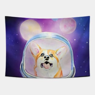 Space Dog Corgi Adventure Mixed Media Illustration Tapestry