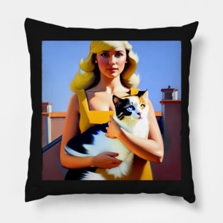 A Blonde Woman and Her Cat Pillow