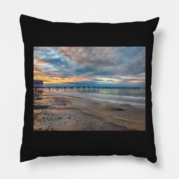 Saltburn Pier Sunset Pillow by Reg-K-Atkinson