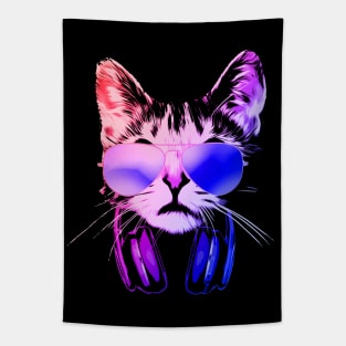 Neon Cat DJ With Headphones Tapestry