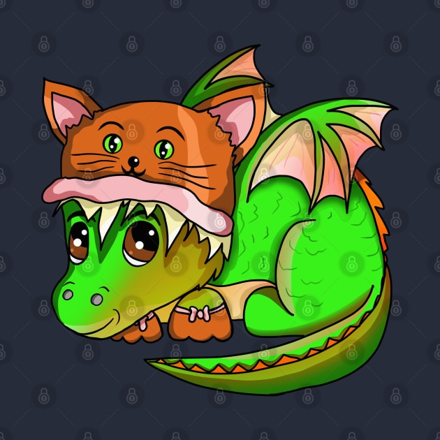 Cute Green Baby Dragon Wearing a Cat Hat by cuisinecat