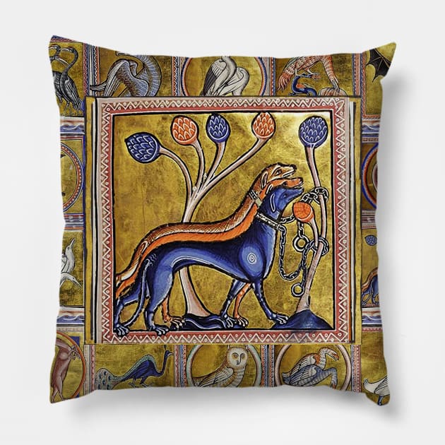 MEDIEVAL BESTIARY THREE DOGS, FANTASTIC ANIMALS IN GOLD RED BLUE COLORS Pillow by BulganLumini