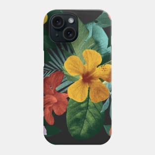 Colorful tropical flowers and leaves. Hibiscus flower, Palm leaves vibrant summer exotic print. Phone Case