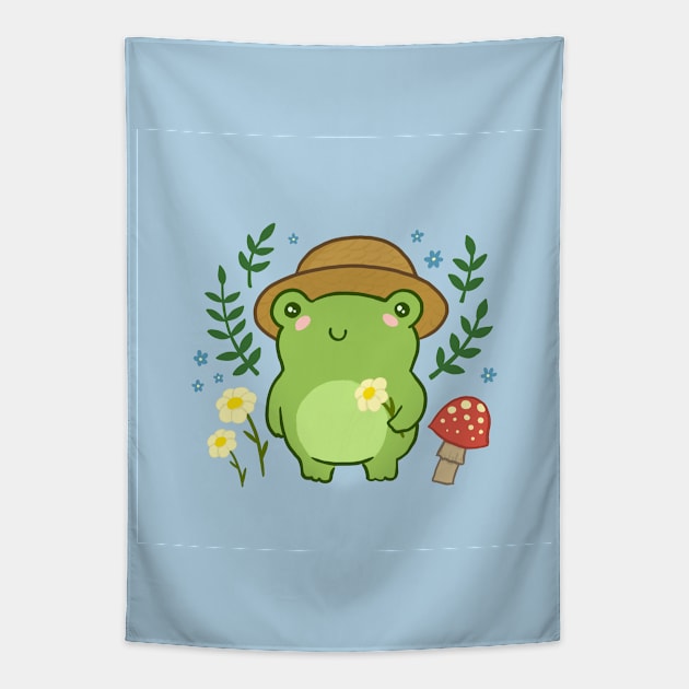 Cool Green Frog, Adorned with a Hat and Flowers, in the Mushroom World Tapestry by Ministry Of Frogs