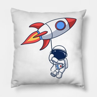 Astronaut Floating With Rocket Balloon Pillow