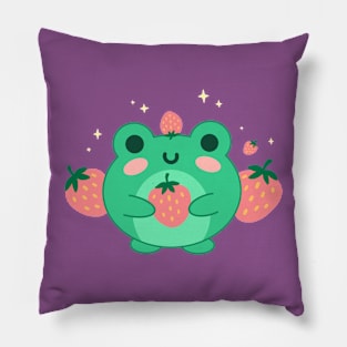 Neon Green Kawaii Frog, Blushing Strawberry, Retro Japanese Aesthetic Pillow