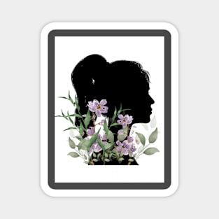 A girl silueth with watercolor flowers and leaves Magnet