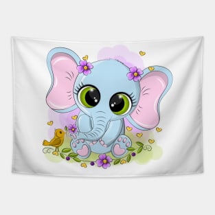 Cheerful baby elephant in a meadow with flowers Tapestry