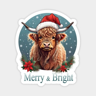 Highland Cow Christmas Merry and Bright, Scottish, Cow Xmas Farmer, Christmas sweater with cute Highland Cow Magnet