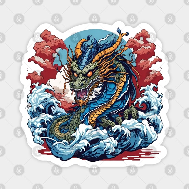 Dragon against the backdrop of a setting sun bathed in ocean waves Magnet by T-Shirt Paradise